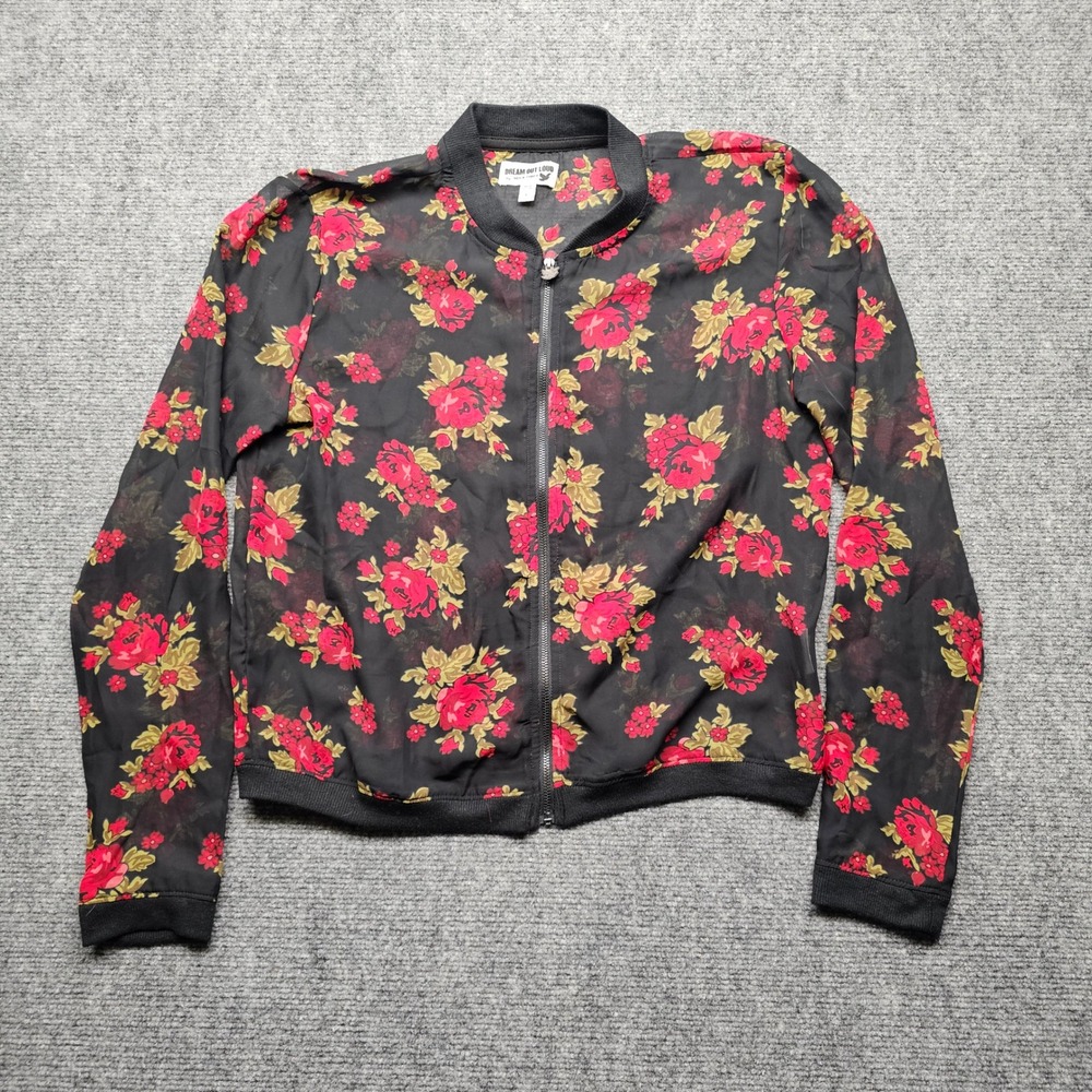 Dream Out Loud Selena Gomez Floral Sheer Bomber Jacket Black Red Rose Large